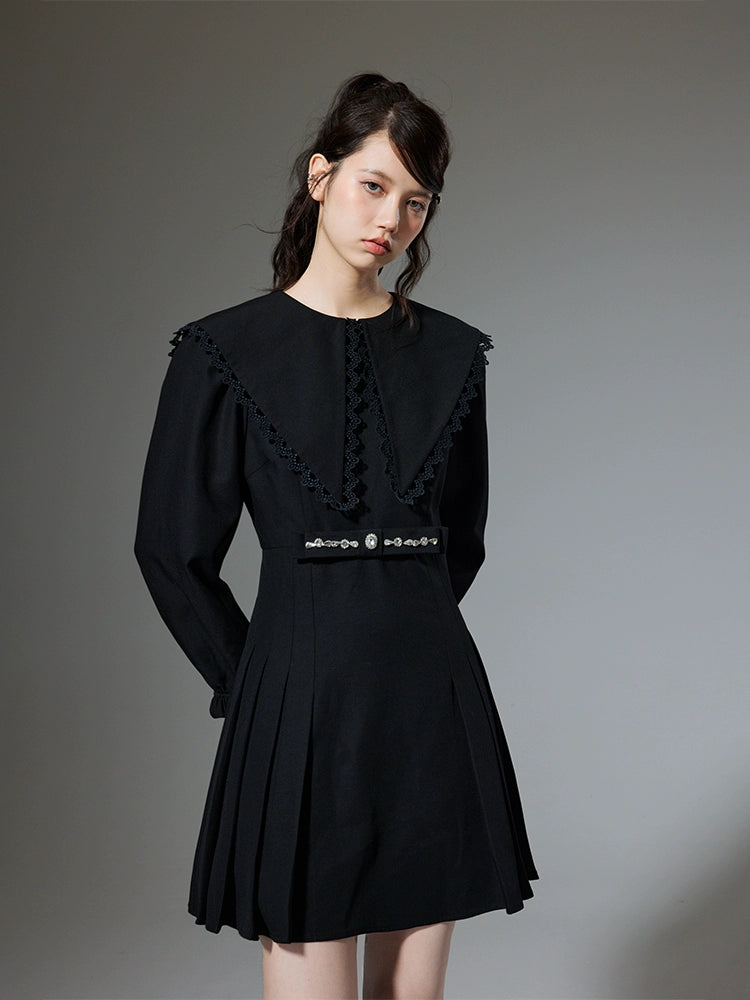 Big Collar - Black A-line Short Dress