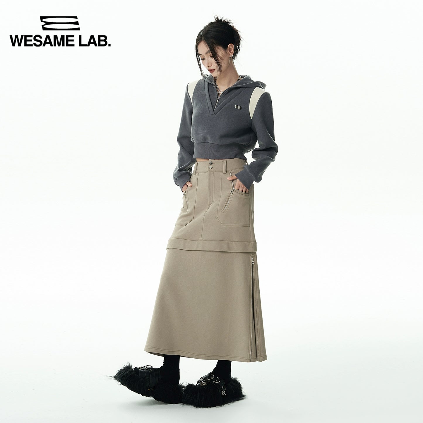 Heavy Draped Fashion Commuting Stitched Zippered Split Skirt