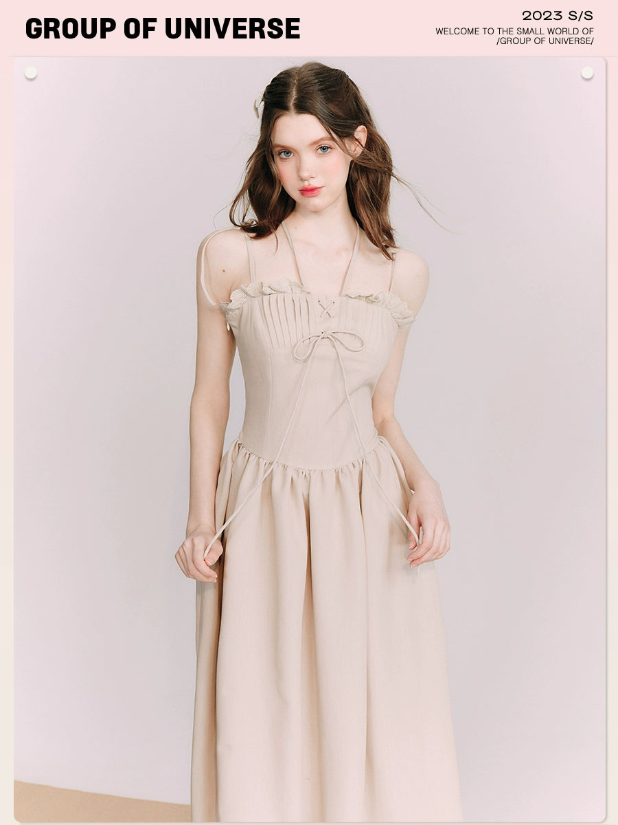 Ash Almond French - Grey Linen Lace Strap Dress