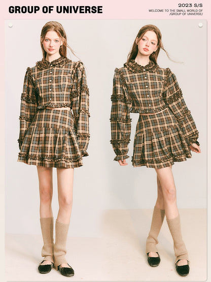 Hazel Vintage Set - Milk Coffee Plaid Outfit