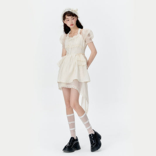 Beige White Square Neck Dress