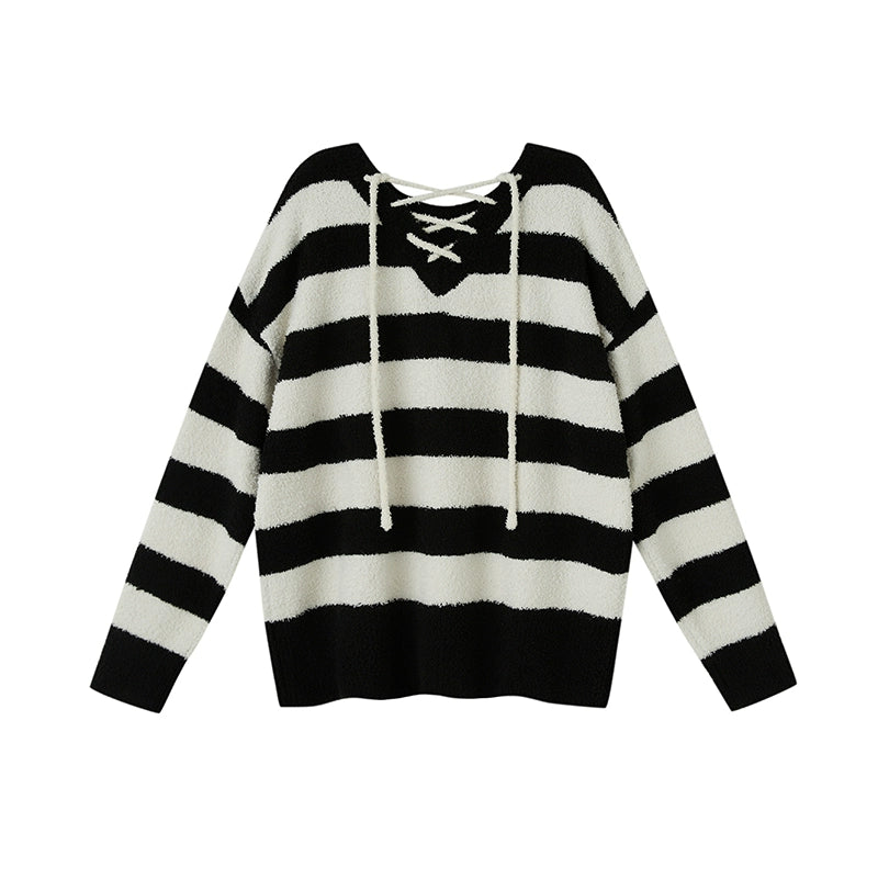 Lazy Stripe Lace Knit - V-neck Pullover