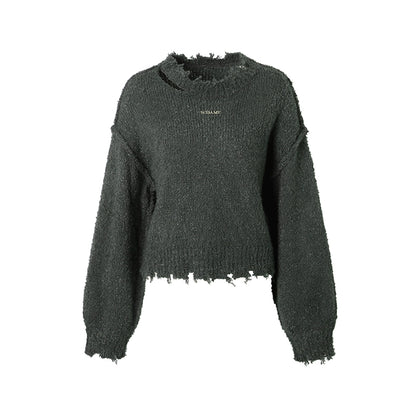 Diseño original suelto, perezoso, agujero roto de viento, borde de piel roto, suéter de hilo de bucle para mujeres en otoño e invierno