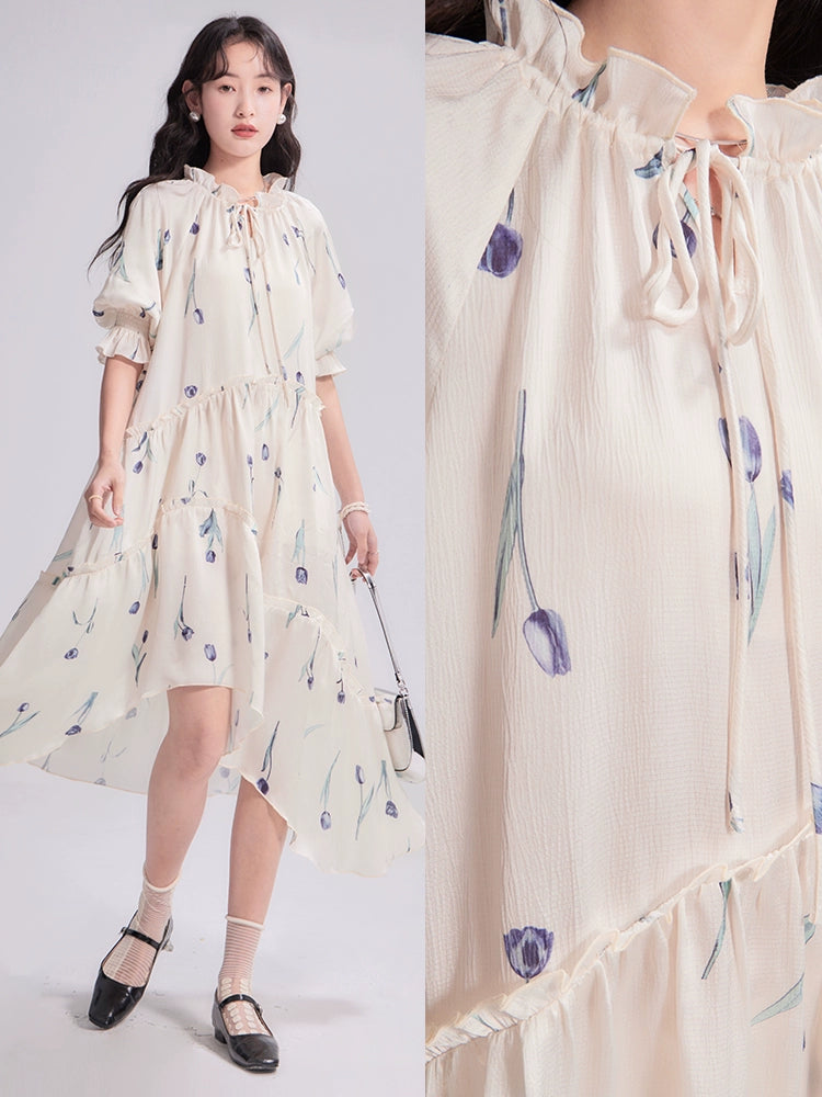 Original design by You'er UARE Iced Tulip Satin Print Loose and Irregular Split Loose Dress