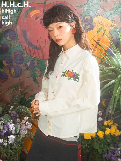 Fruit Embroidered Beige Loose Sleeve Shirt