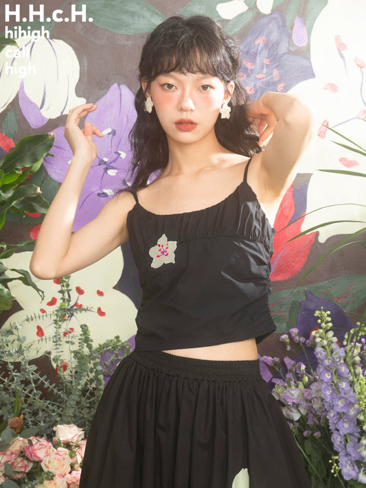 Cherry Blossom Embroidery Black Strap Tank Top