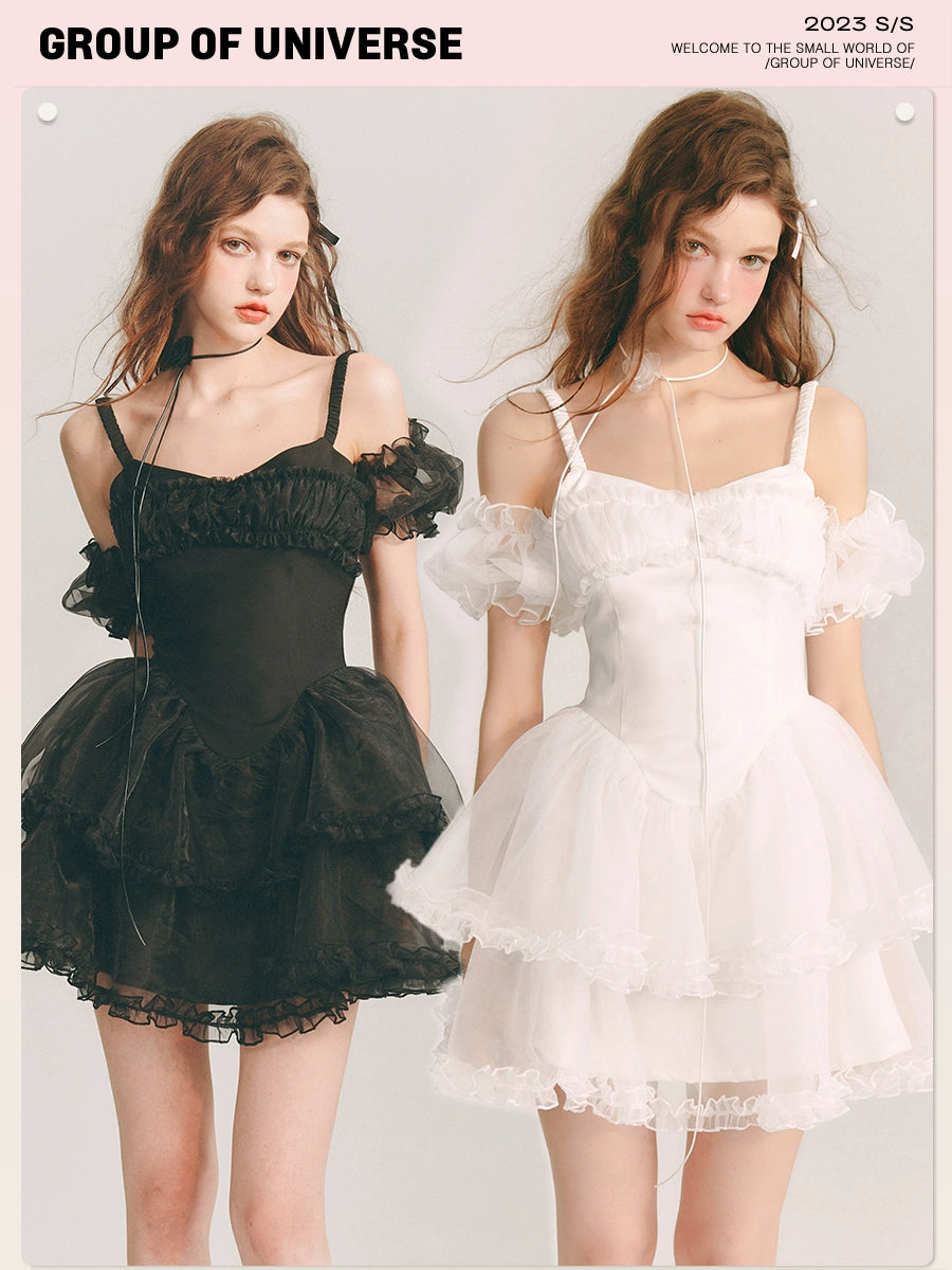 Ethereal Bubble Sleeve Organza Dress - Monochrome Elegance