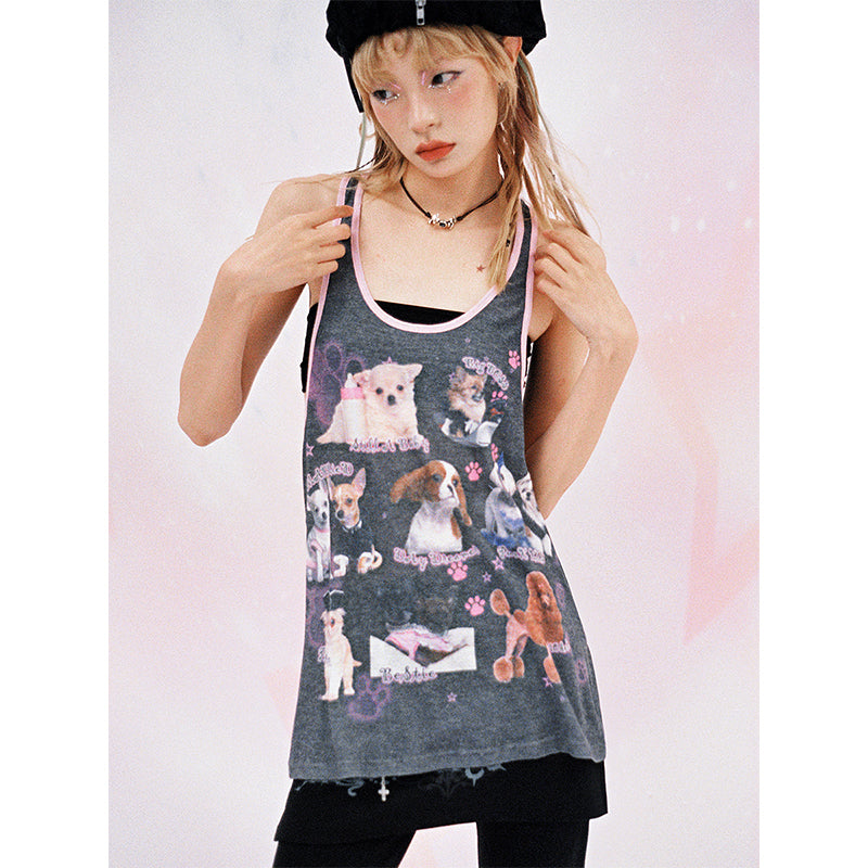 Dog Print Contrast Loose Racerback Tank Top