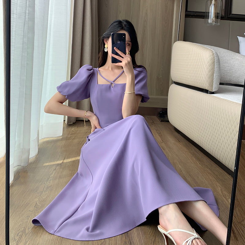 Purple Square Neck Long Skirt