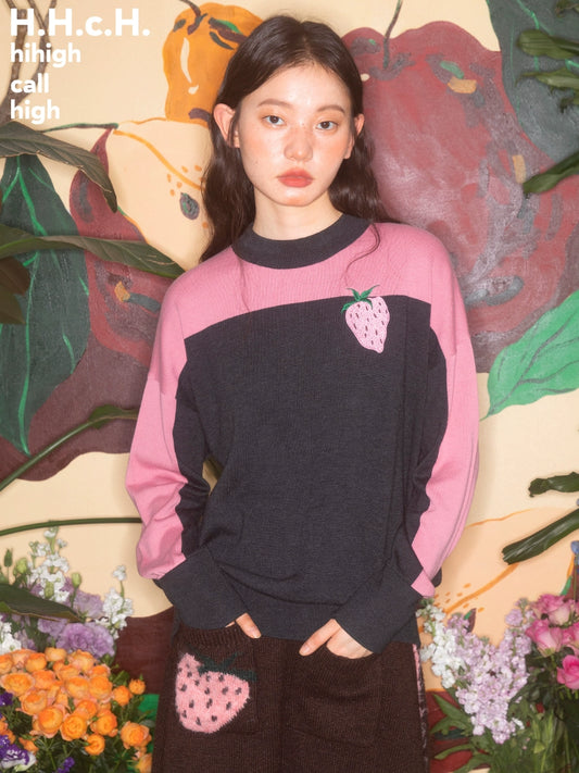 Strawberry Embroidery Color Block Sweater