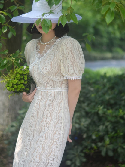 소 키스 진흙 살구 레이스 레이스 나비 오리지널 디자인 드레스 긴 드레스 흰 달빛 새로운 여름 달콤한 달콤한