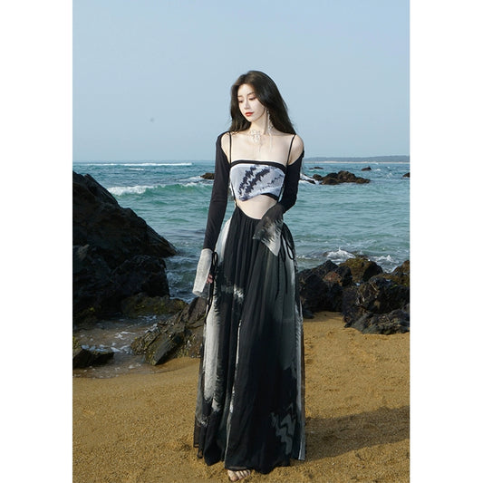 Romantic Black Print Strap Skirt: Summer