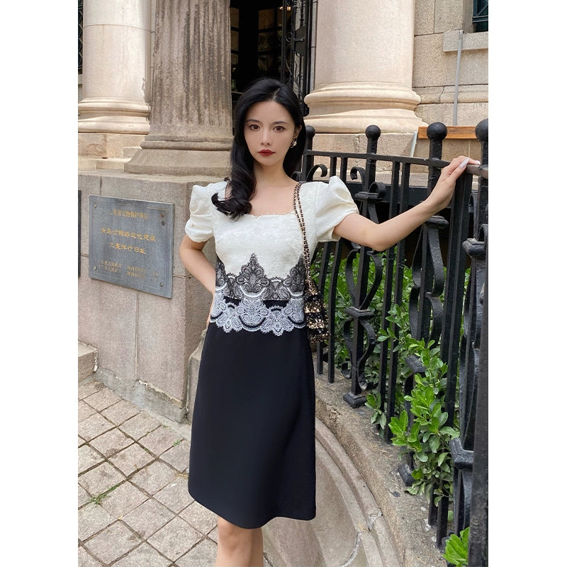 Milk Coffee Lace Patch Mid-Length Dress