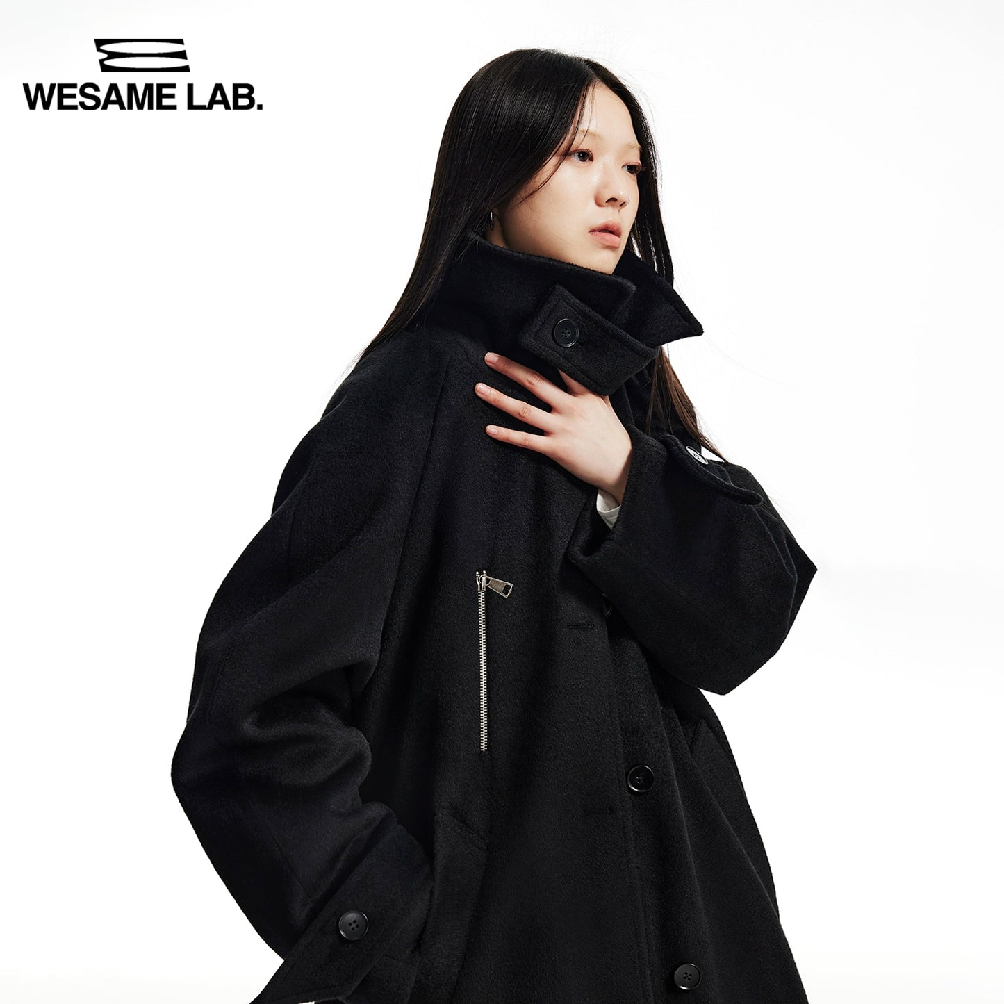 Simple Raglan Sleeves Long Black Fleece Coat