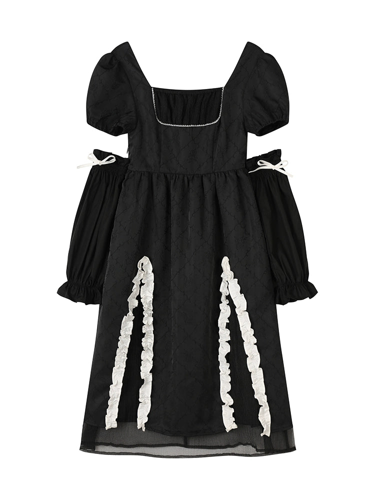 Square Neck Black Jacquard Dress
