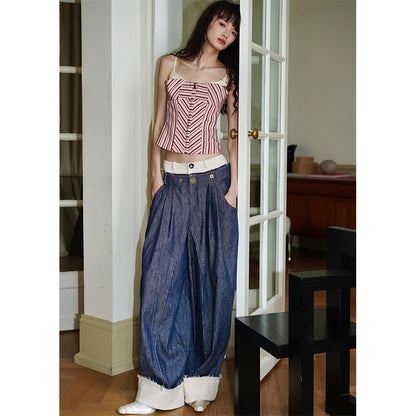 Blue Linen Wide Leg Pants