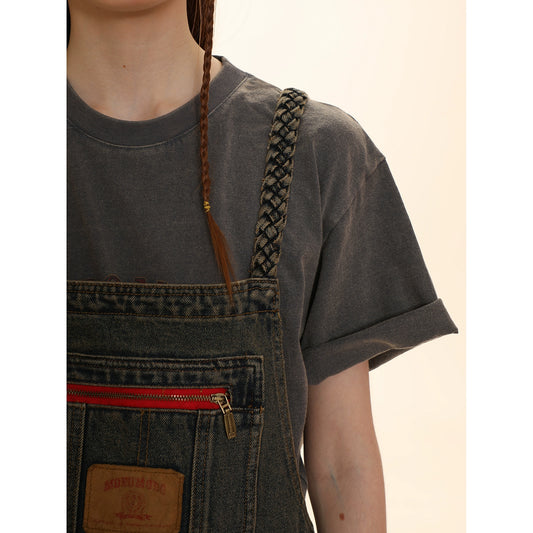 Fur Edge Denim Suspender Skirt