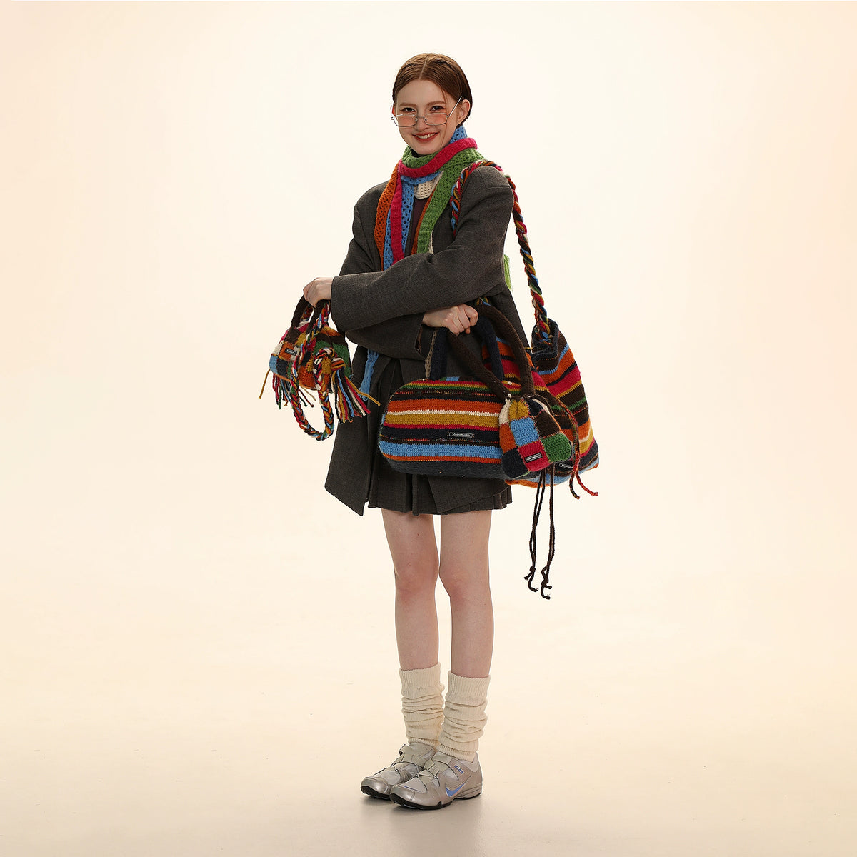 Rainbow Checkerboard Knitted Bag