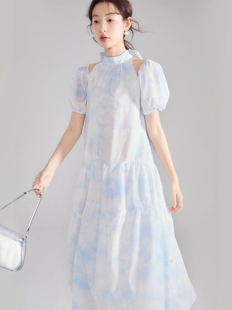 Original Afternoon Mist Sea Blue [Multi Wear Method] Halo Dyed Bow Tie Hanging Neck Dress