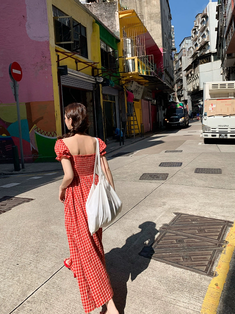 Summer Plaid: Red Square Neck Mid-Length Dress