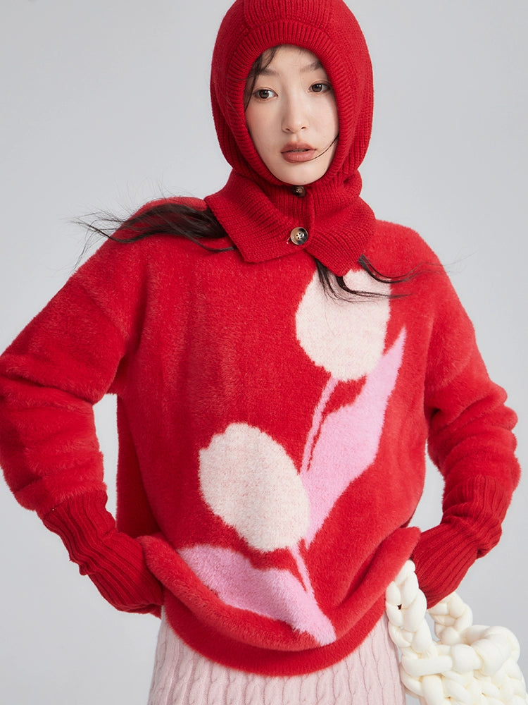Original and niche design with ears, passionate love for tulips, lazy style, contrasting color wool woven round neck pullover sweater