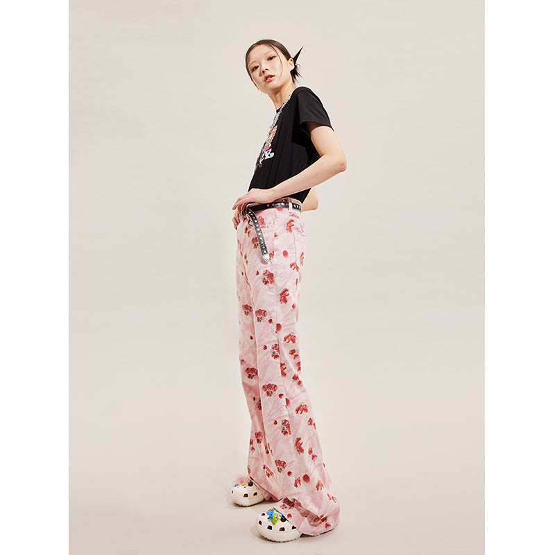 Strawberry Printed Denim Flare Pants