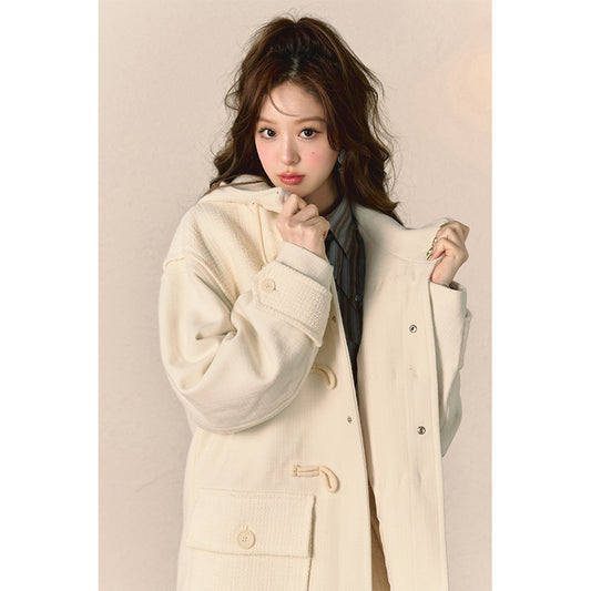 Wool Horn Button Hooded Coat