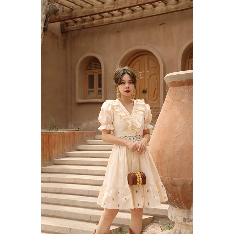 Summer Cotton Embroidery V-Neck Dress