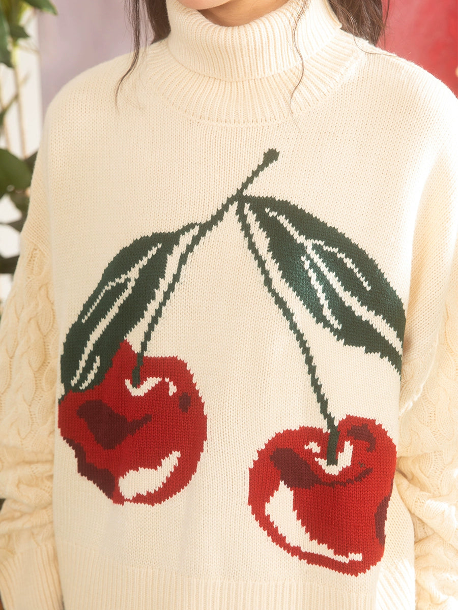 Cherry Pattern High Collar Slouchy Sweater