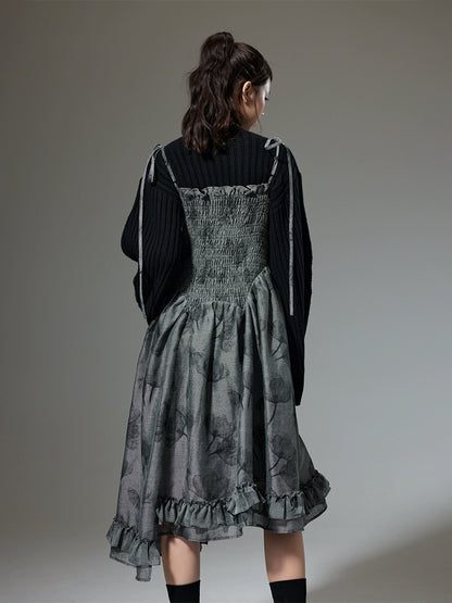 Grey Fragmented Flower - French Dress