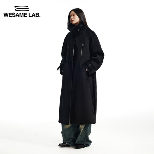 Simple Raglan Sleeves Long Black Fleece Coat