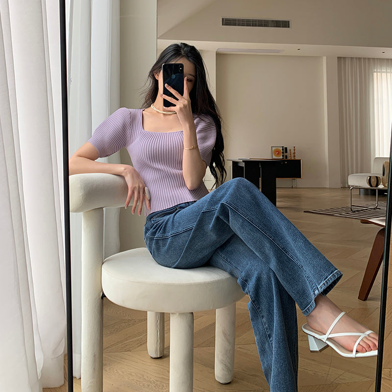 2023 Purple Square Neck Knit Top