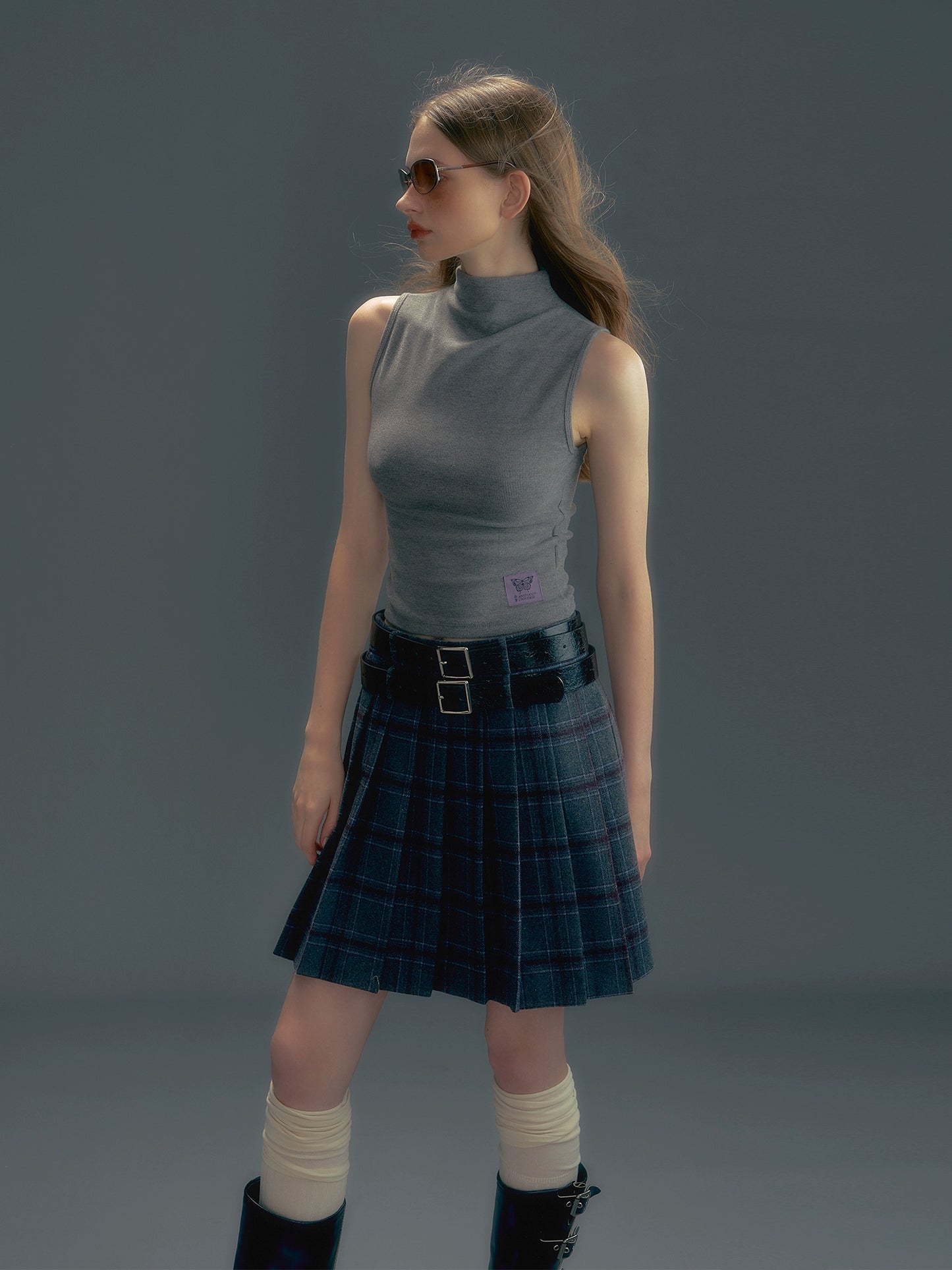 Double Waistband Plaid Skirt