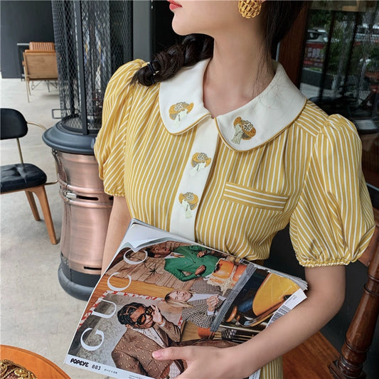 Yellow French Stripe Embroidery Shirt Dress