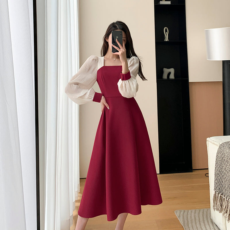 Red Retro Bubble Sleeve Dress