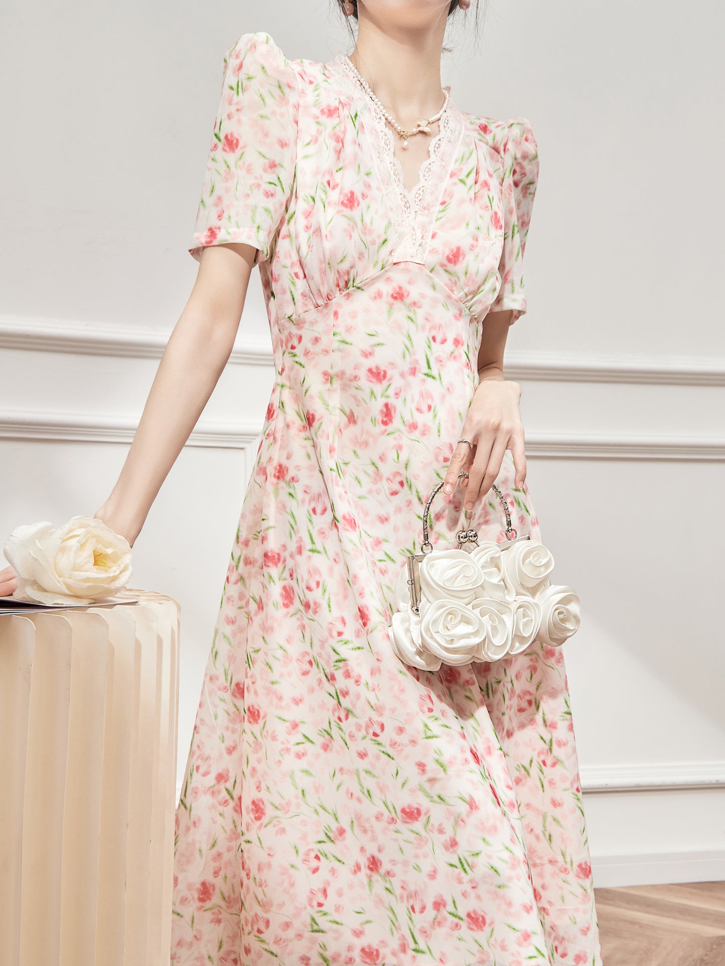 Pink Floral Lace Tea Break Dress