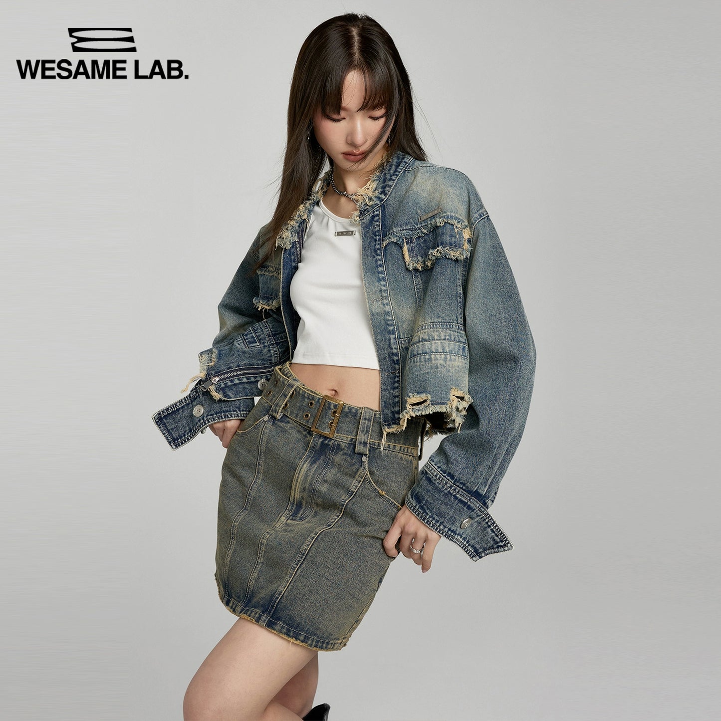 Retro High Waist Spicy Girl Split A-line Denim Skirt