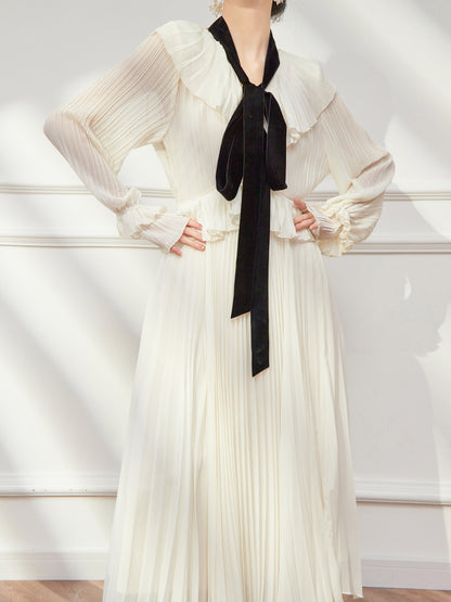 Pleated White French Long Sleeve Dress