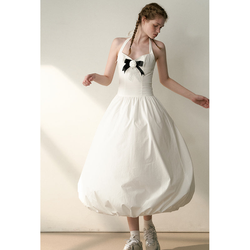 White Bow Flower Bud Long Dress