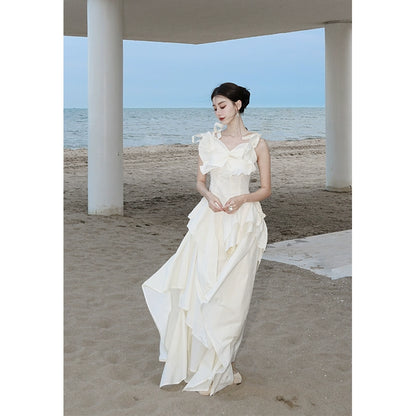 Beige White Flower Fairy Long Skirt