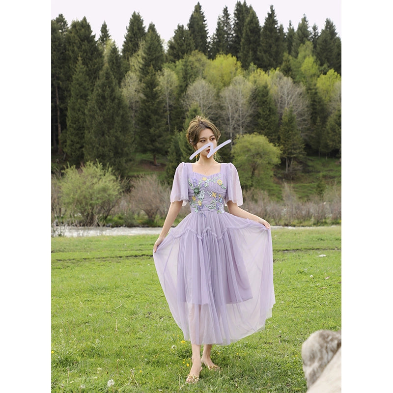 Light Fragrance Purple Mesh Patch Dress