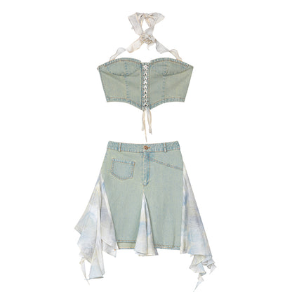 Retro Denim Flower Two-Piece Set