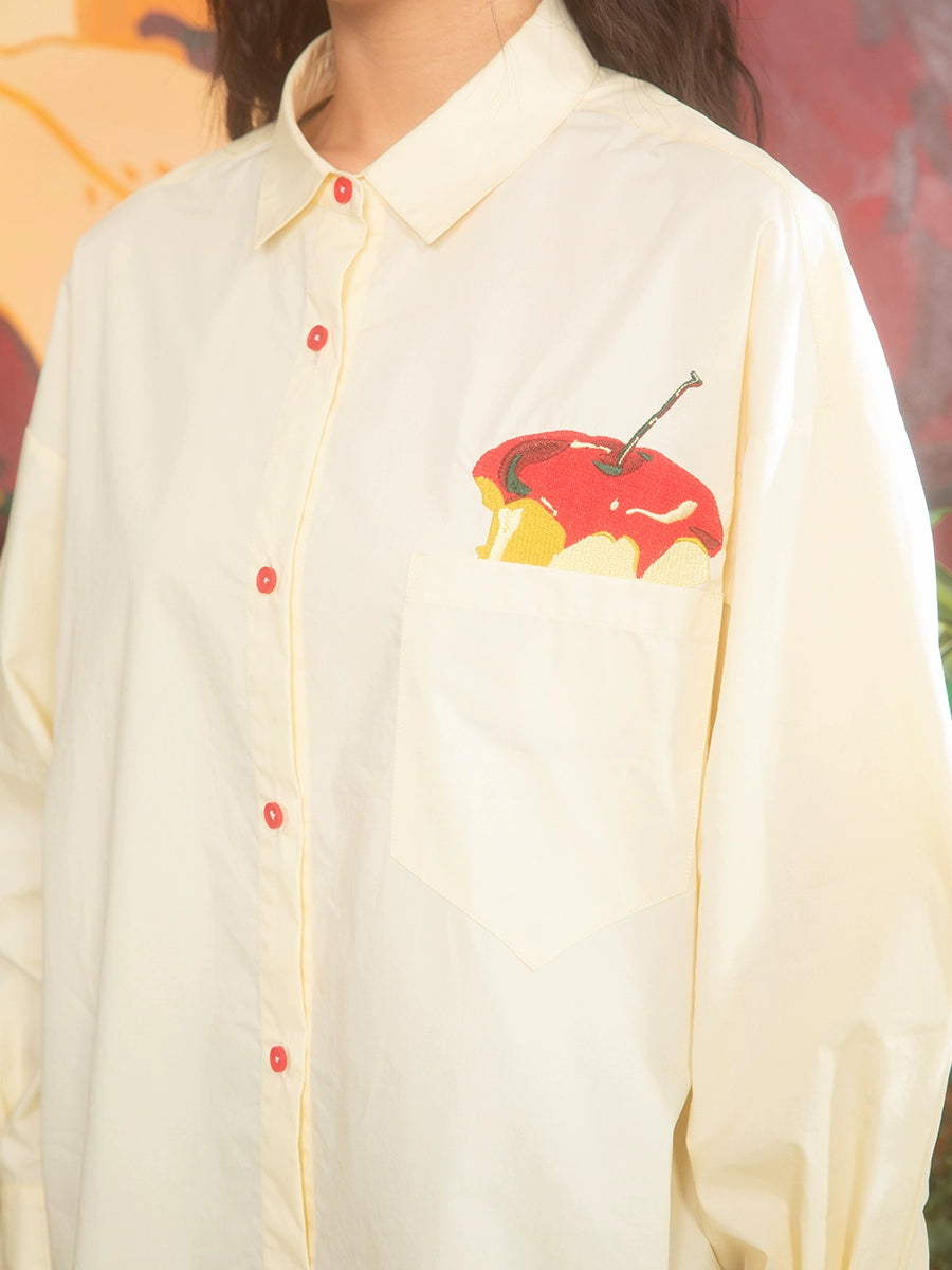 Red Apple Embroidery Off White Loose Shirt