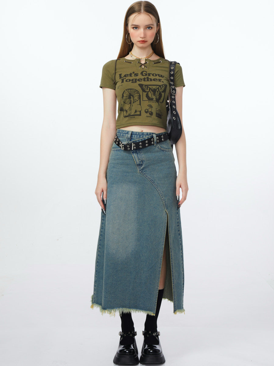 High Waisted A-line Denim Skirt - Retro Design