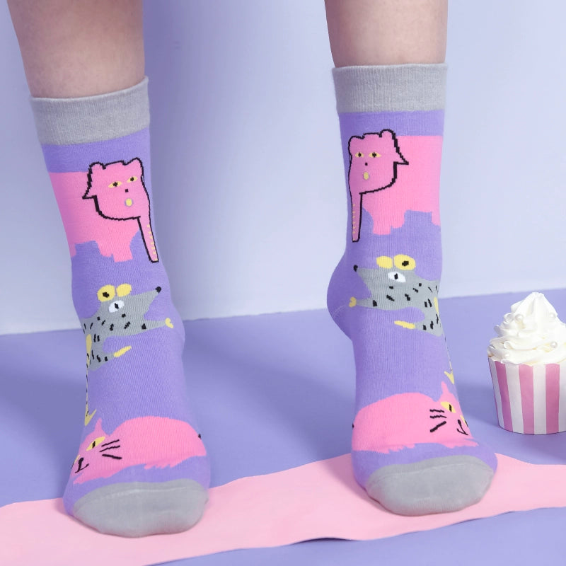 Animal Jacquard Purple Cotton Mid-Length Socks