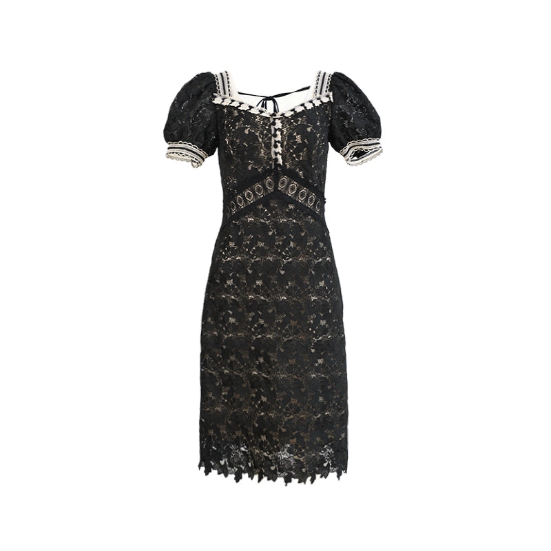 Vintage Black Lace Waist Wrap Mid-Length Dress