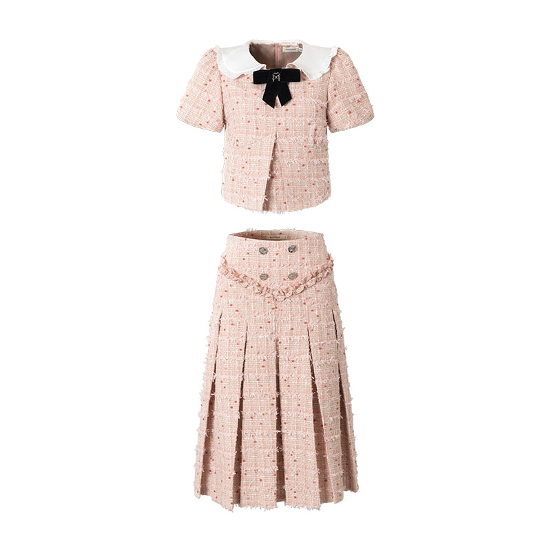 Doll Neck Top & Pleated Skirt Set