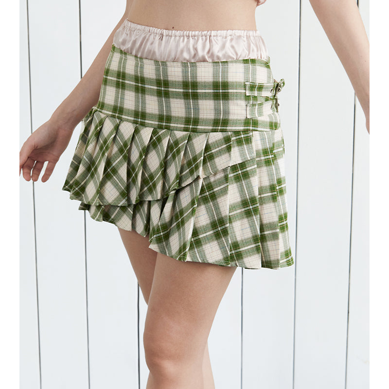 Green Check Pleated Skirt