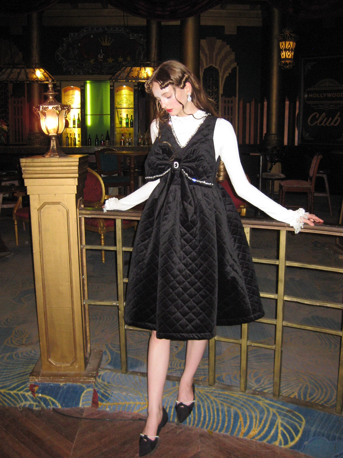 Elegant Black Velvet Bow and Jewel Beded Cotton Vest Jupe