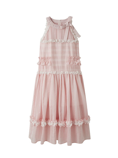 Ruffle Cake Dress - Bow Neck Pink Holiday